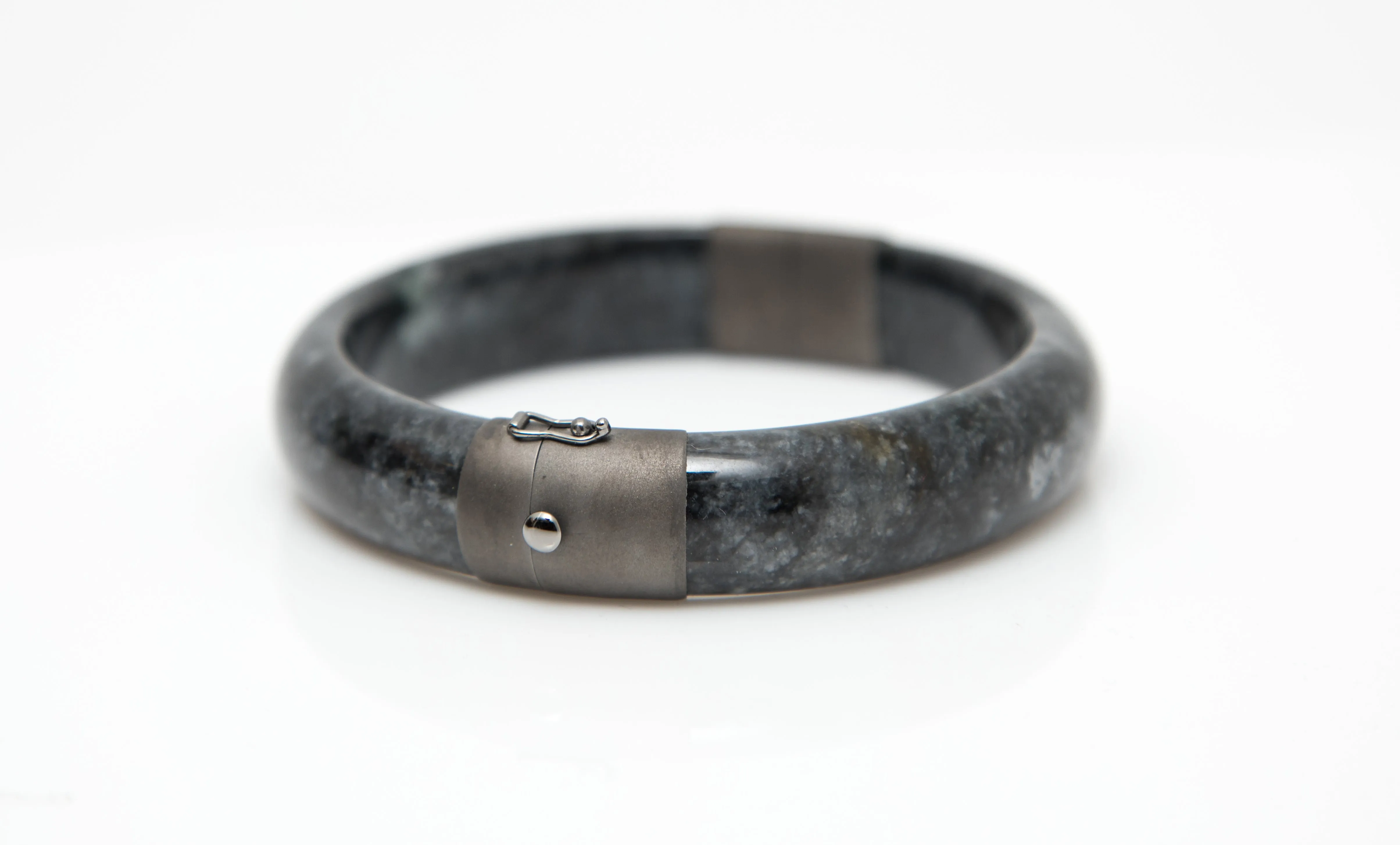 18kt Matte Finish Black Gold with Burmese Black Jadeite Open Comfort Fit Bangle