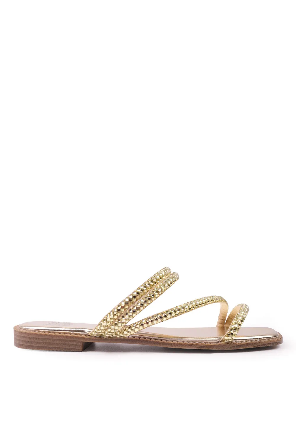 ANTONIA STRAPPY FLAT SLIDER SANDALS WITH DIAMANTE DETAIL IN GOLD FAUX LEATHER