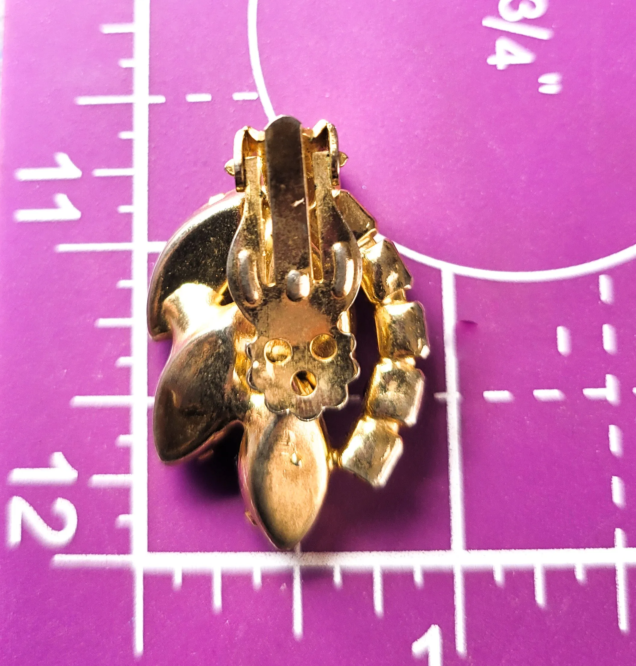 Black and gold prong set vintage Navette cut rhinestone clip on earrings