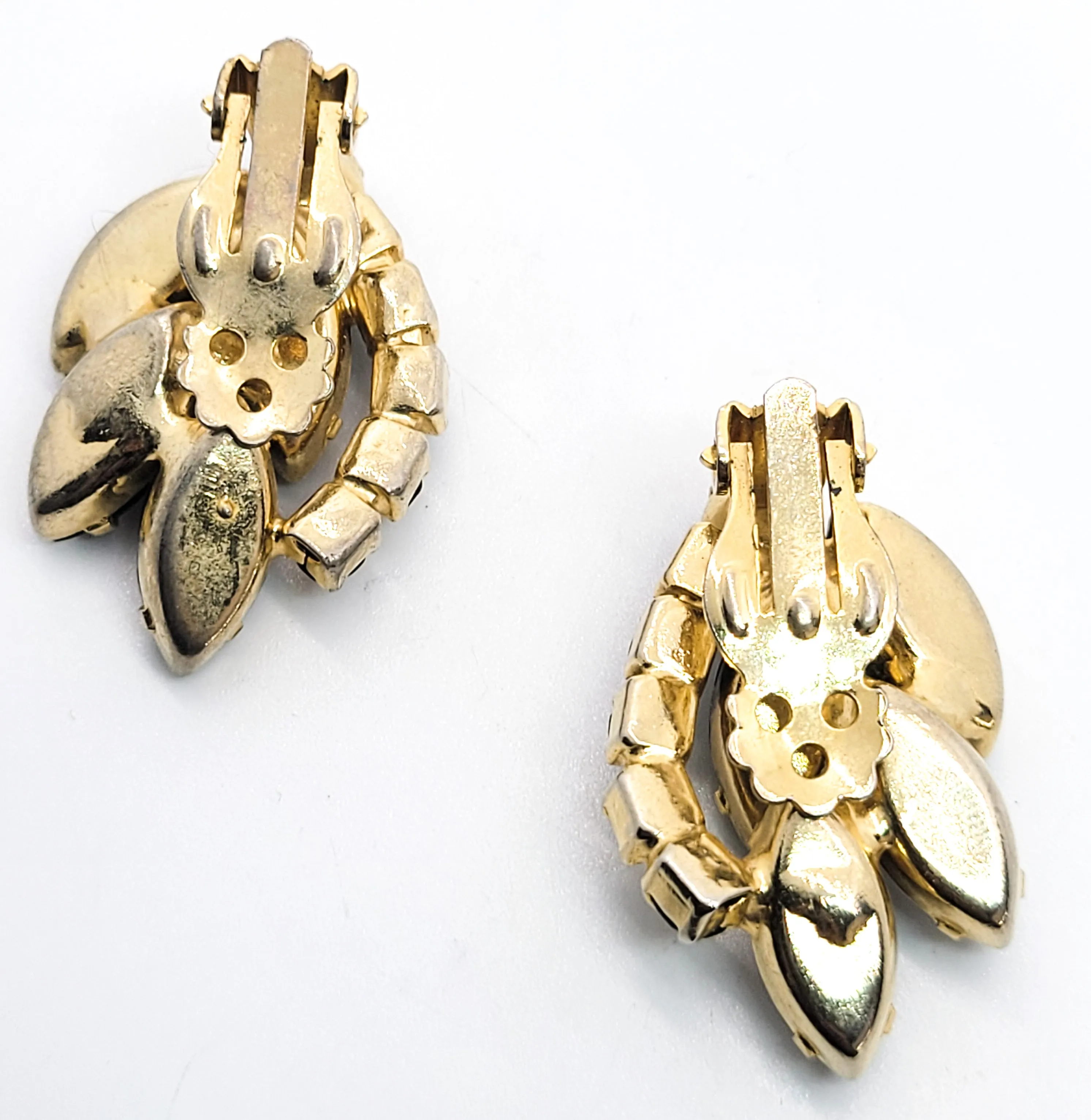 Black and gold prong set vintage Navette cut rhinestone clip on earrings