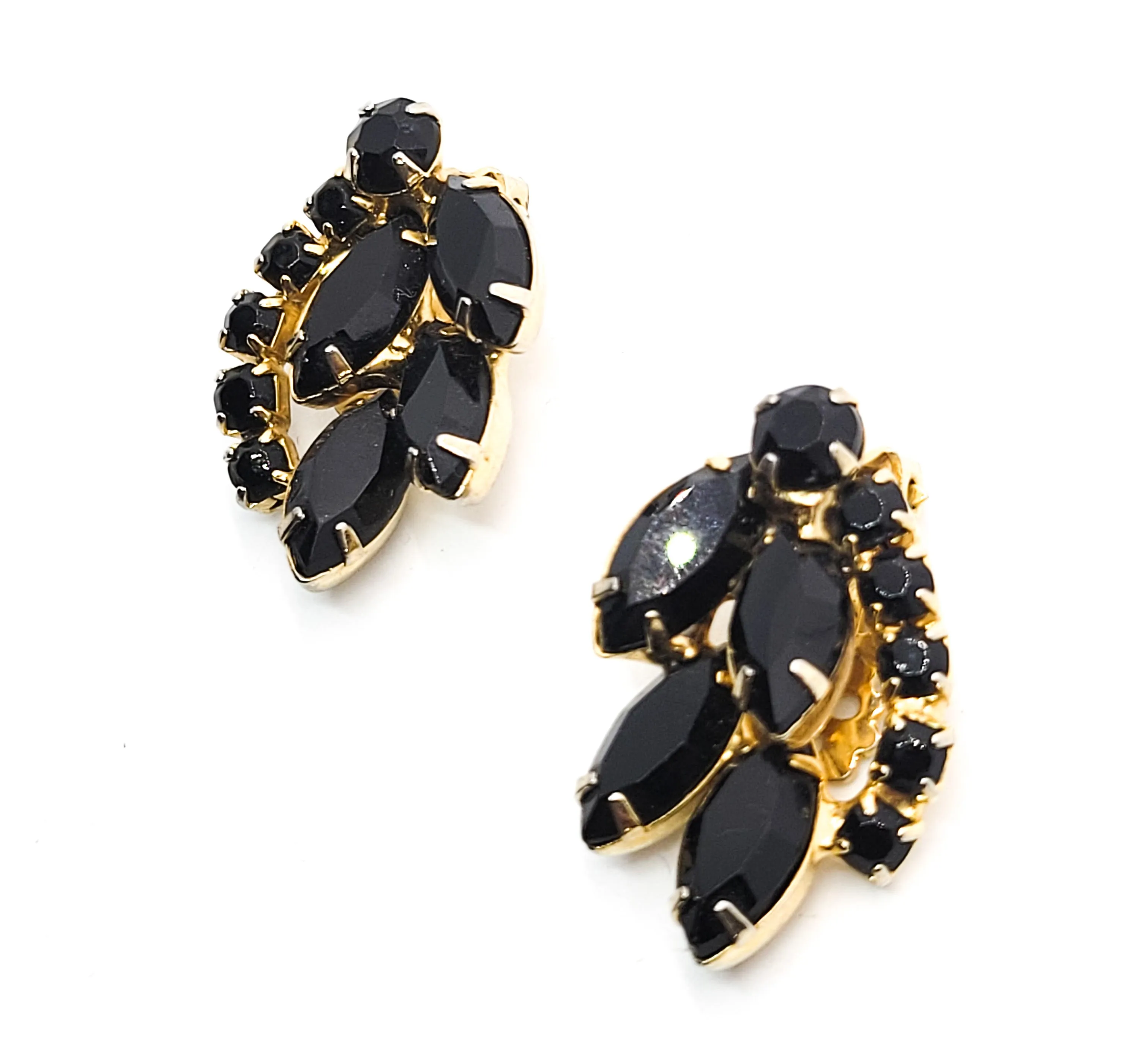 Black and gold prong set vintage Navette cut rhinestone clip on earrings