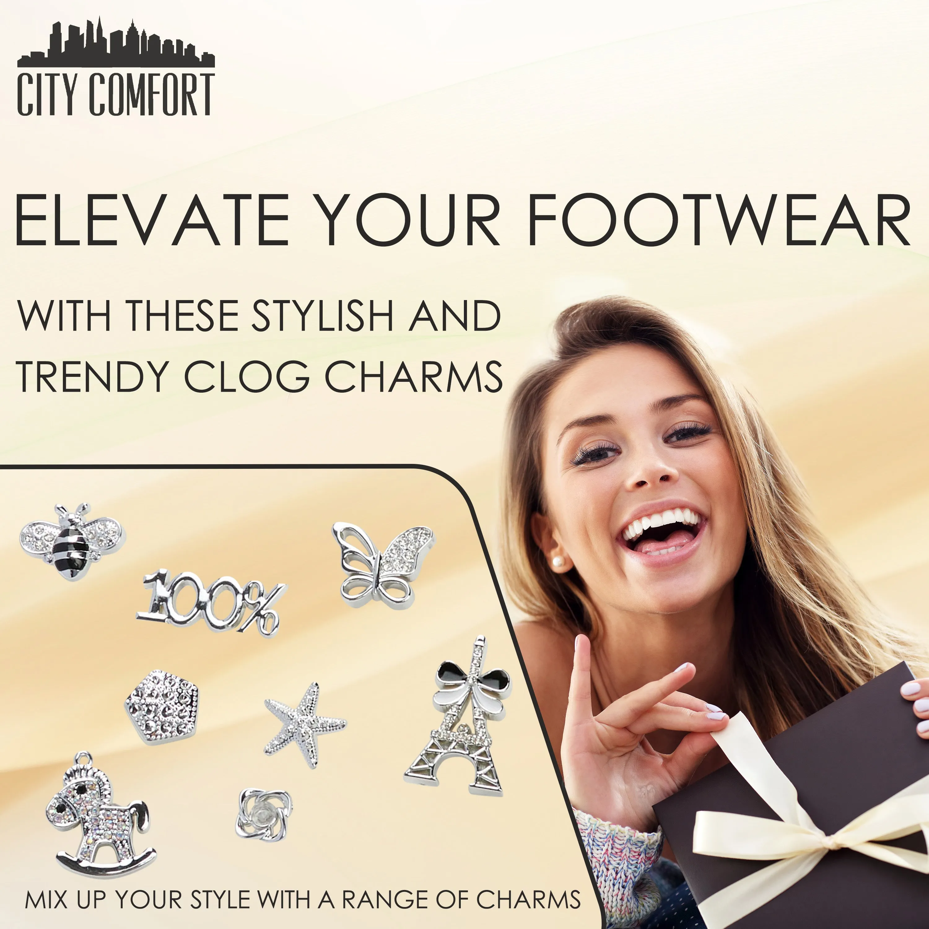 CityComfort Clog Charms, Mixed Shoe Decoration Charms - Silver
