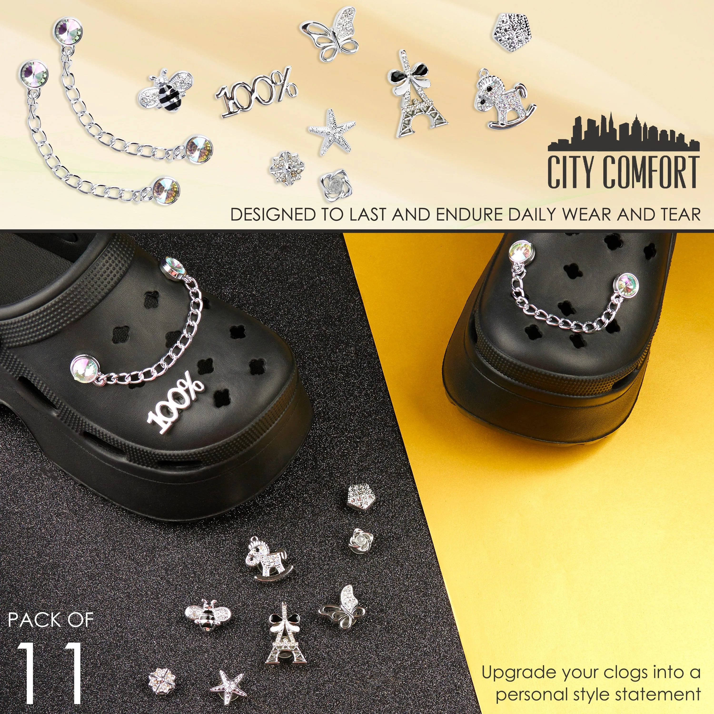 CityComfort Clog Charms, Mixed Shoe Decoration Charms - Silver