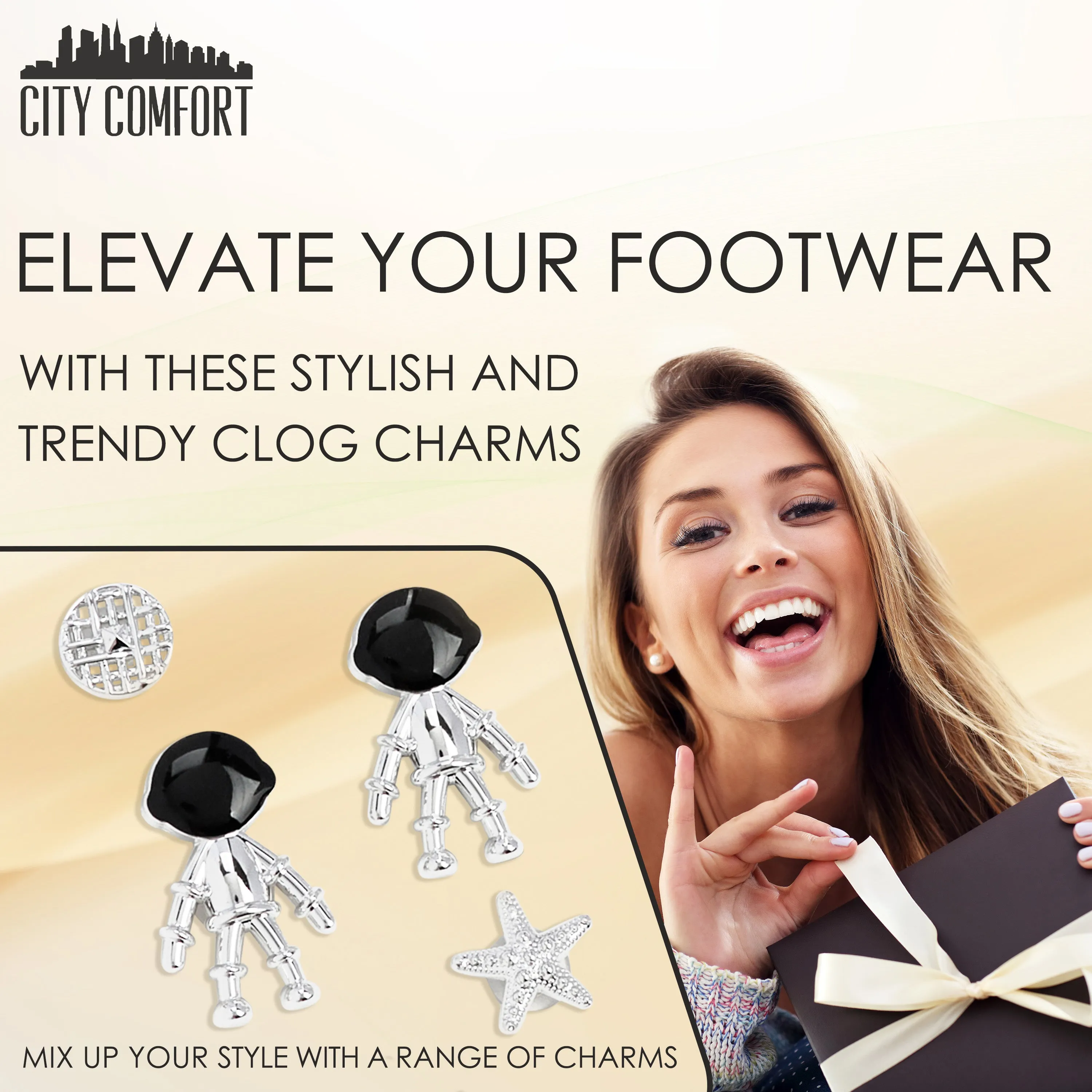 CityComfort Clog Charms, Mixed Shoe Decoration Charms - Silver/Black