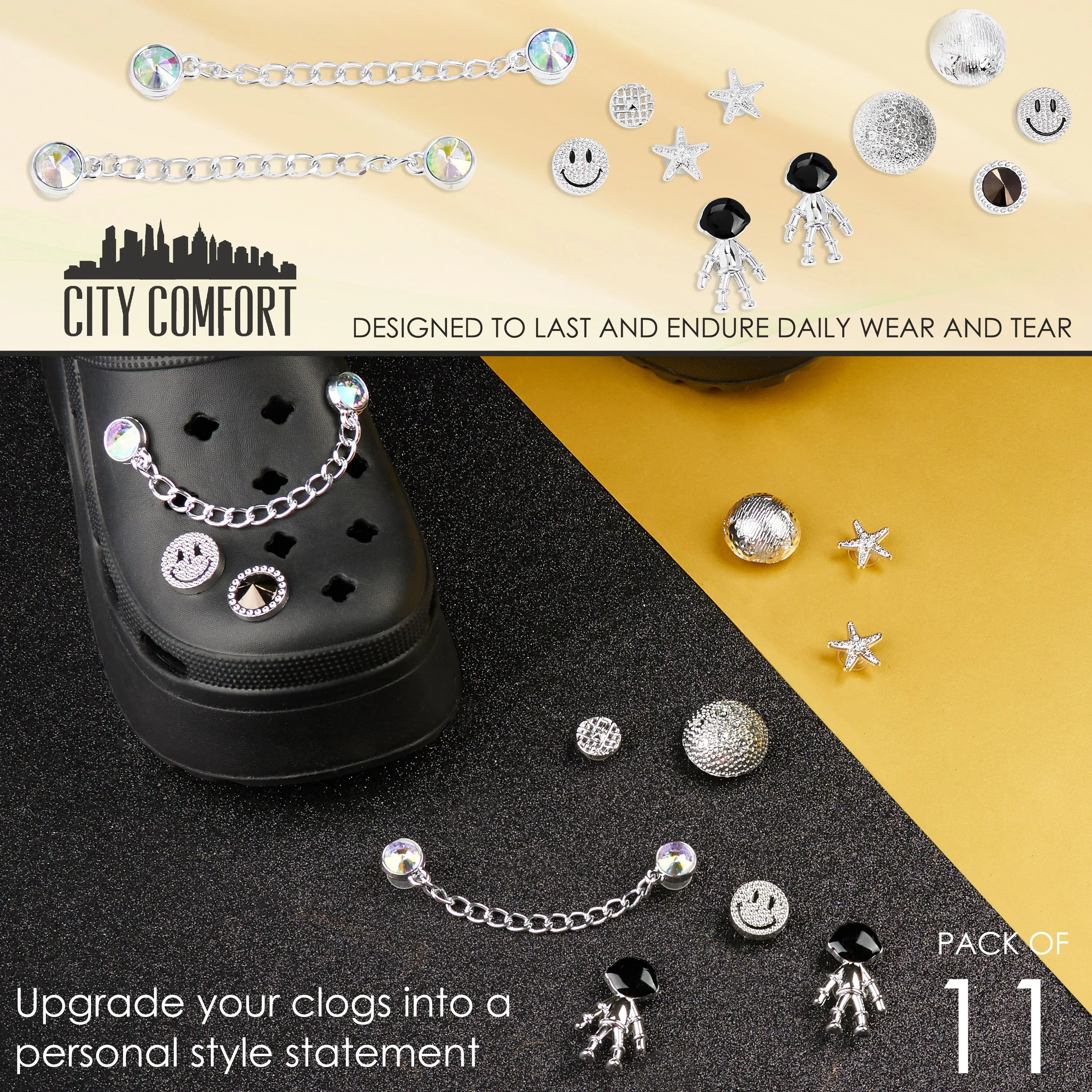 CityComfort Clog Charms, Mixed Shoe Decoration Charms - Silver/Black