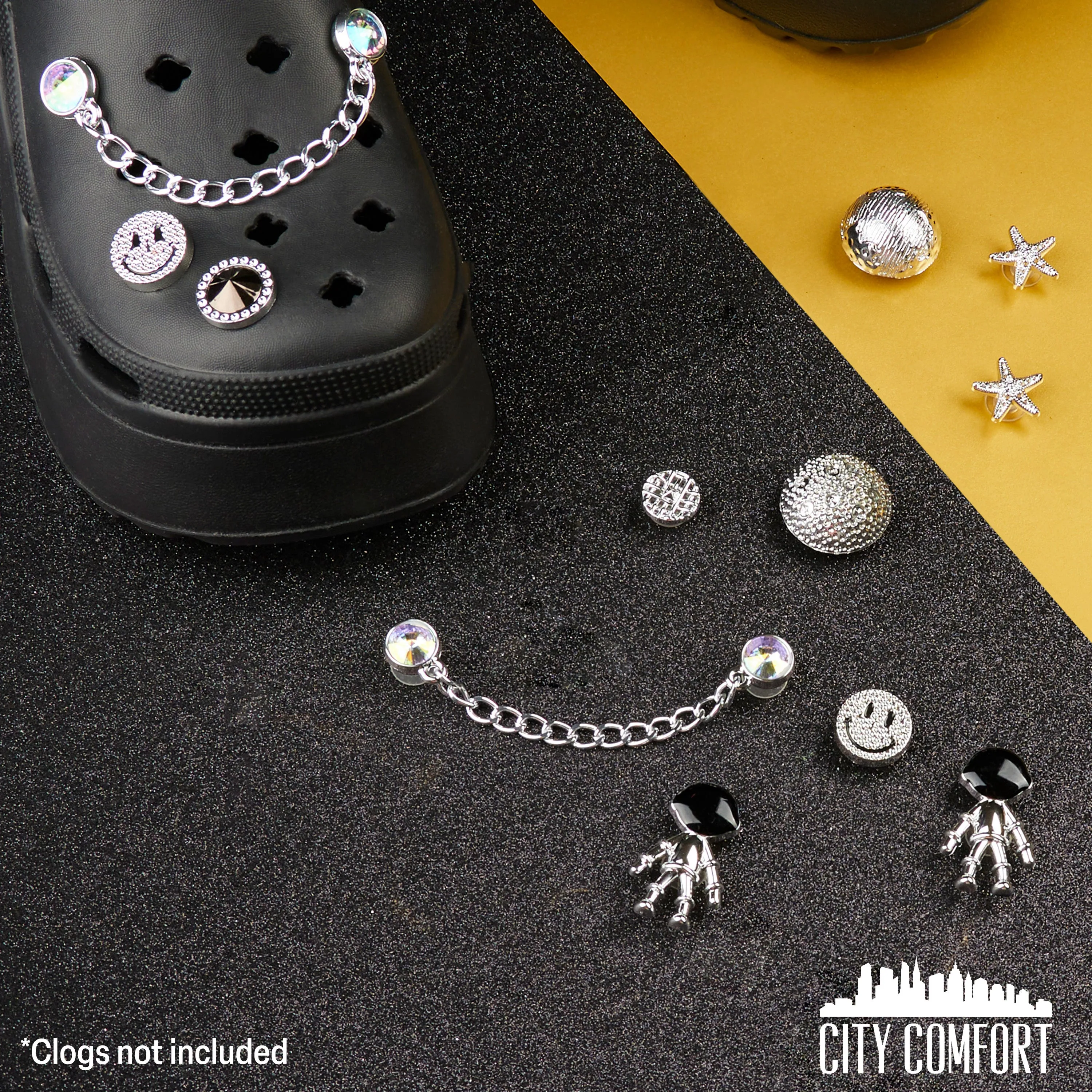 CityComfort Clog Charms, Mixed Shoe Decoration Charms - Silver/Black