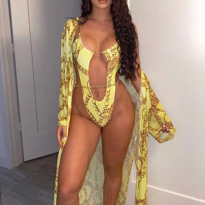 Colorblock Chains Decoration Halter One Piece Swimsuit