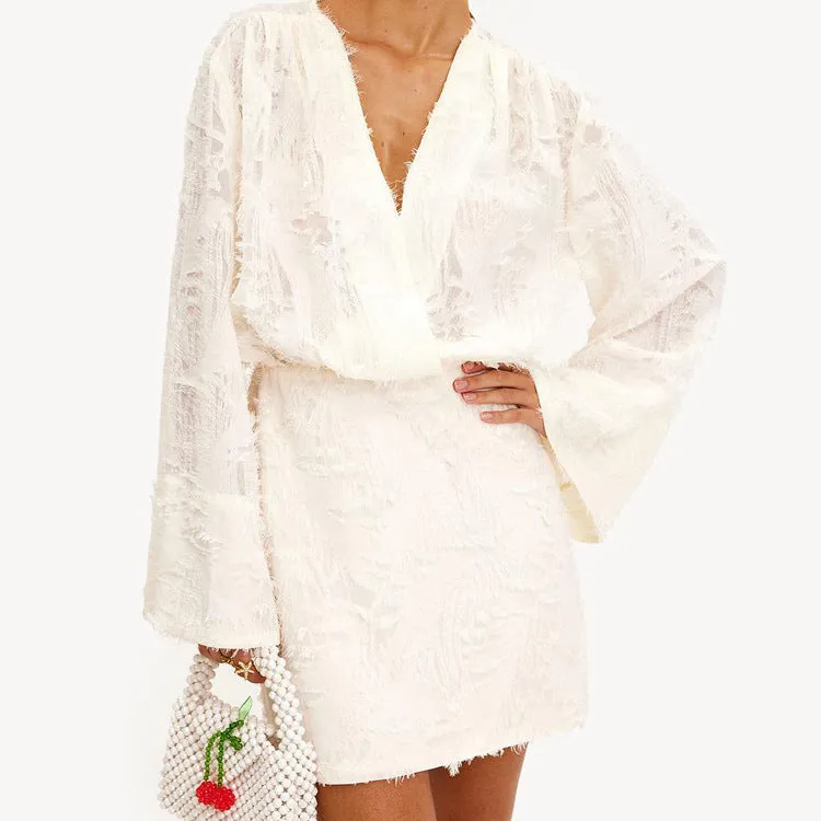 Effortlessly Elegant Solid Color Jacquard V-Neck Loose Dress for Spring and Autumn