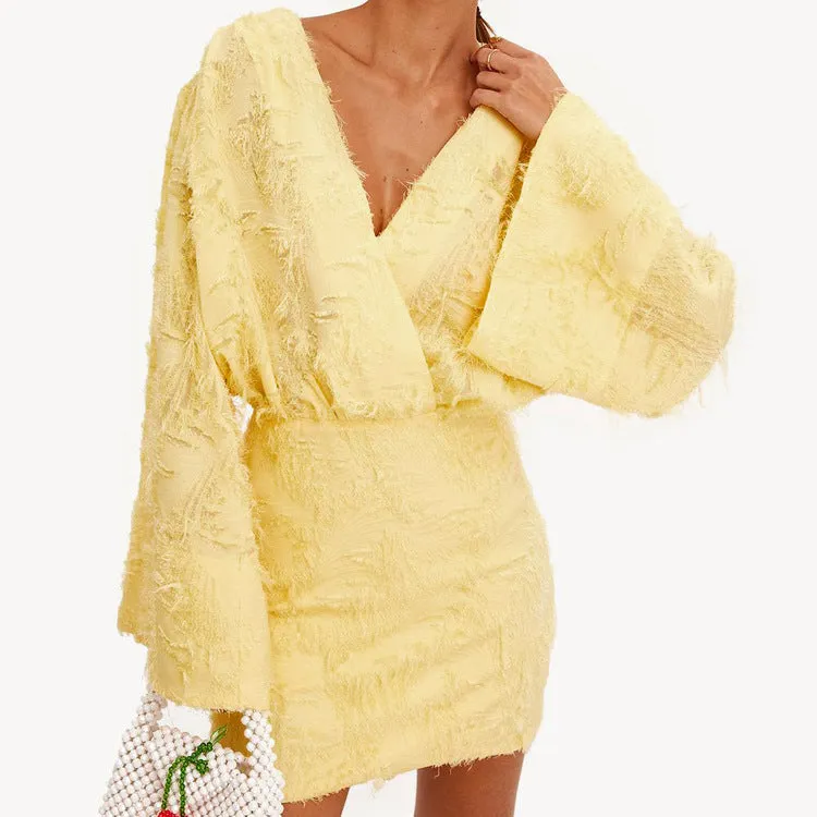 Effortlessly Elegant Solid Color Jacquard V-Neck Loose Dress for Spring and Autumn