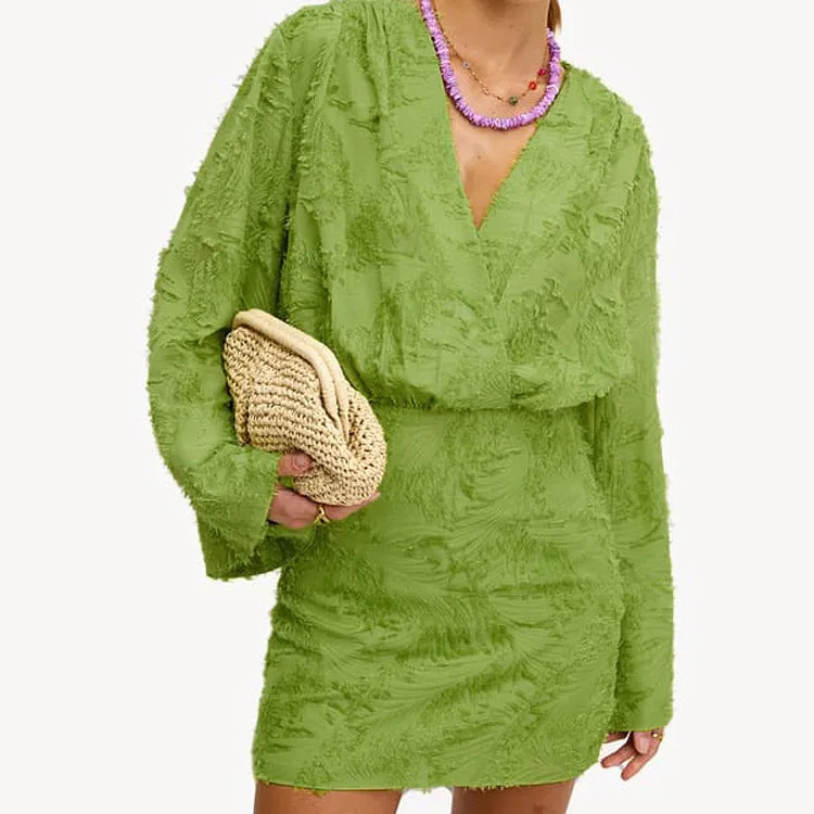 Effortlessly Elegant Solid Color Jacquard V-Neck Loose Dress for Spring and Autumn