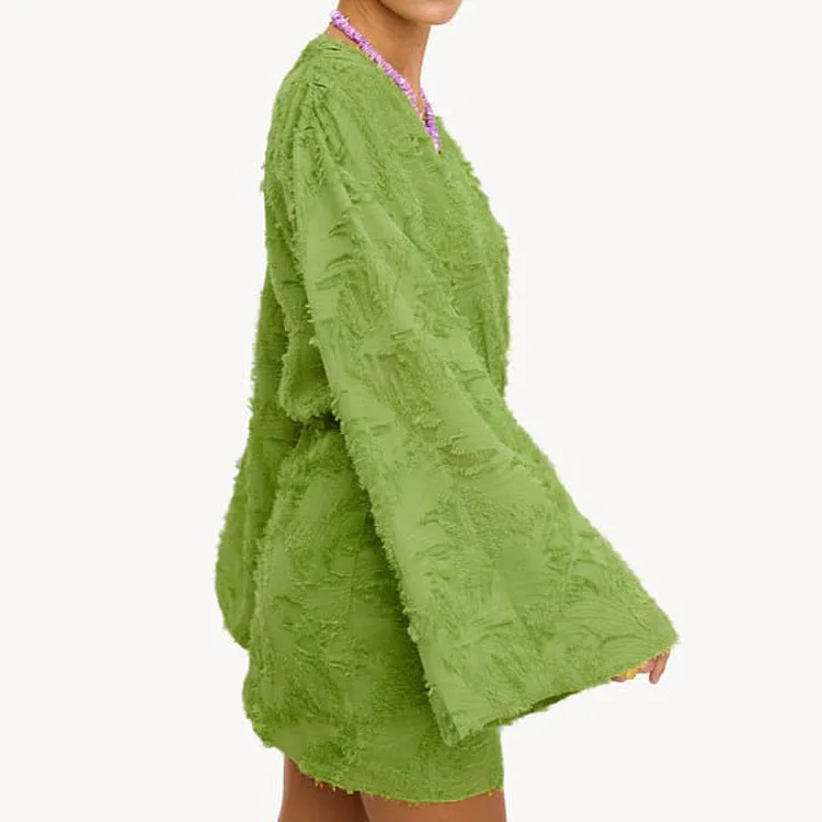 Effortlessly Elegant Solid Color Jacquard V-Neck Loose Dress for Spring and Autumn