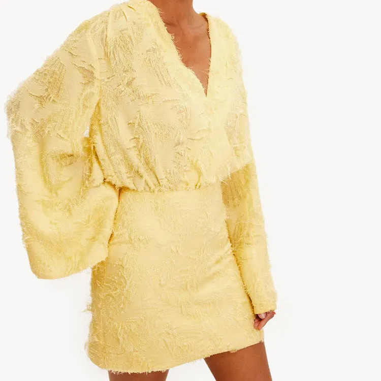 Effortlessly Elegant Solid Color Jacquard V-Neck Loose Dress for Spring and Autumn