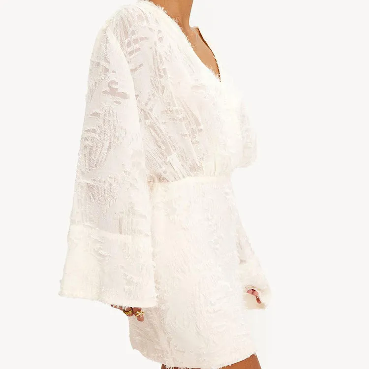Effortlessly Elegant Solid Color Jacquard V-Neck Loose Dress for Spring and Autumn