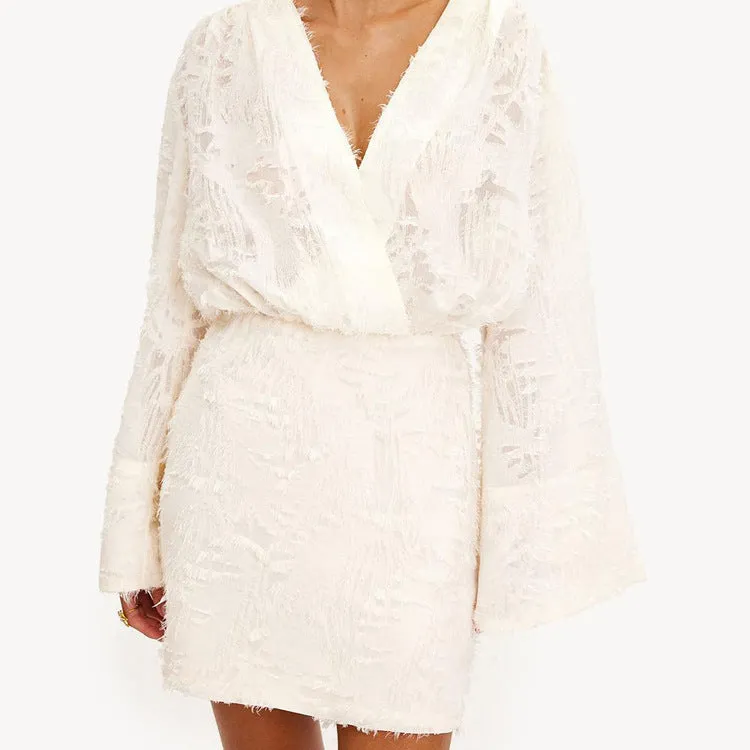 Effortlessly Elegant Solid Color Jacquard V-Neck Loose Dress for Spring and Autumn