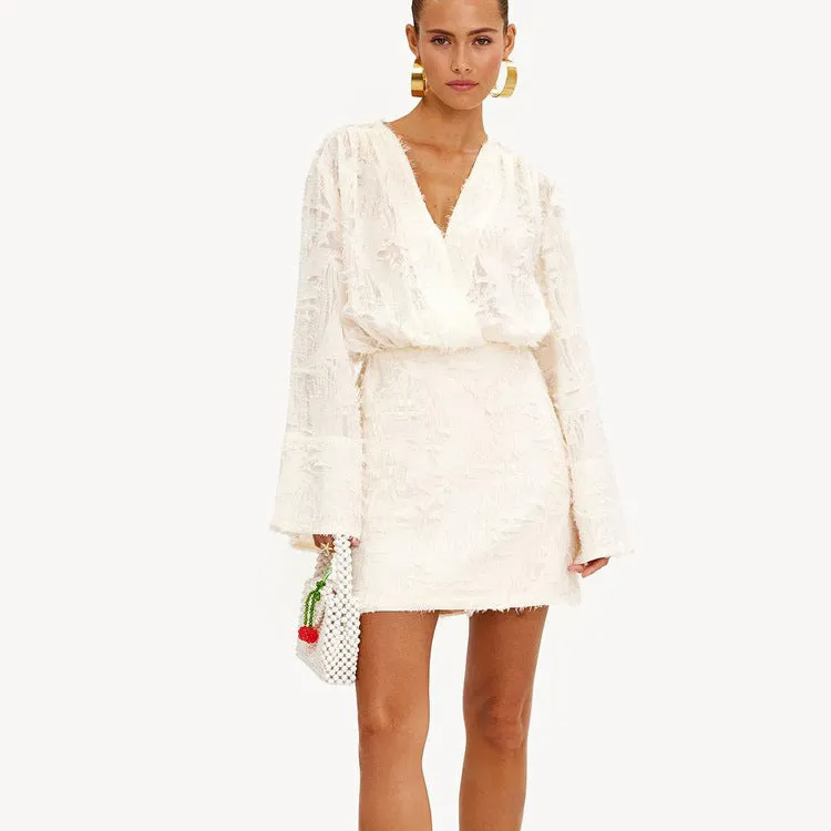Effortlessly Elegant Solid Color Jacquard V-Neck Loose Dress for Spring and Autumn
