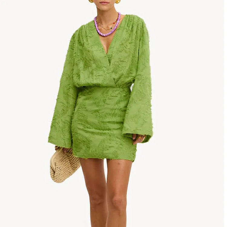 Effortlessly Elegant Solid Color Jacquard V-Neck Loose Dress for Spring and Autumn