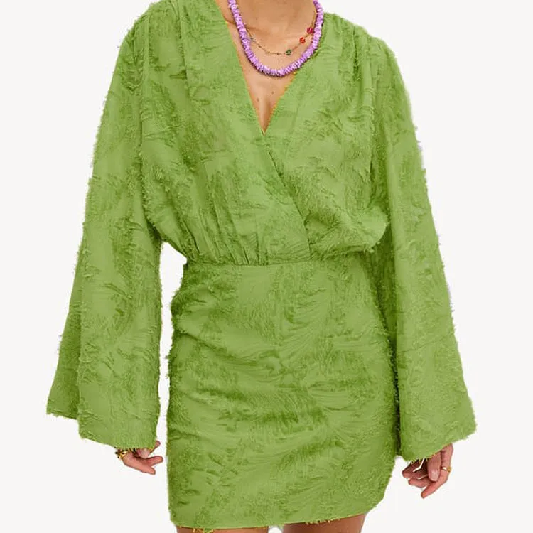 Effortlessly Elegant Solid Color Jacquard V-Neck Loose Dress for Spring and Autumn