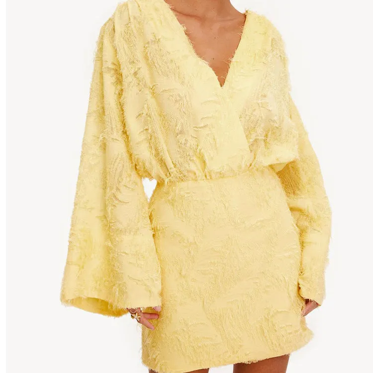 Effortlessly Elegant Solid Color Jacquard V-Neck Loose Dress for Spring and Autumn