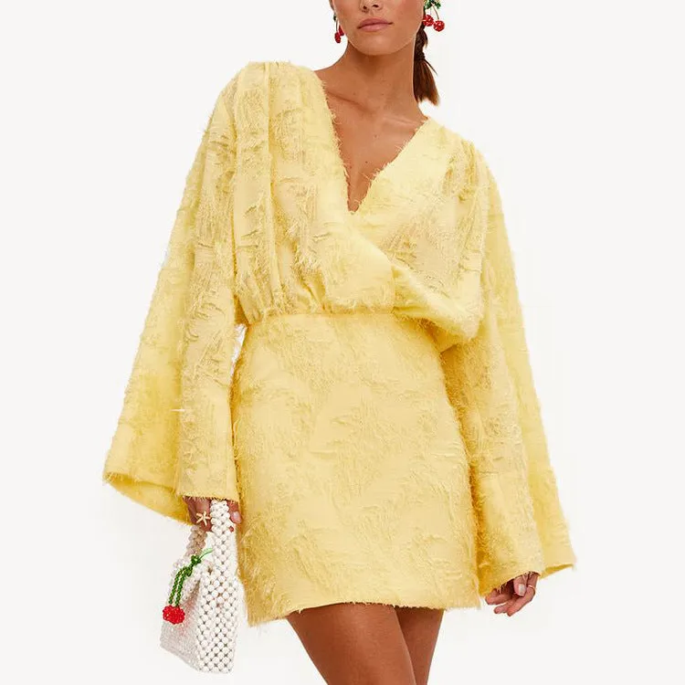 Effortlessly Elegant Solid Color Jacquard V-Neck Loose Dress for Spring and Autumn