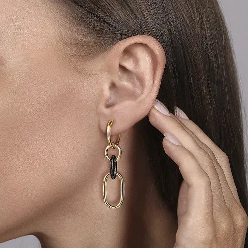 Gold Hollow Tube and Black Oval Ceramic Link Huggie Drop Earrings
