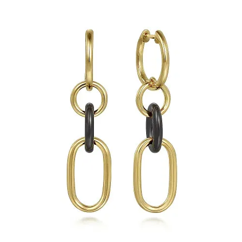 Gold Hollow Tube and Black Oval Ceramic Link Huggie Drop Earrings