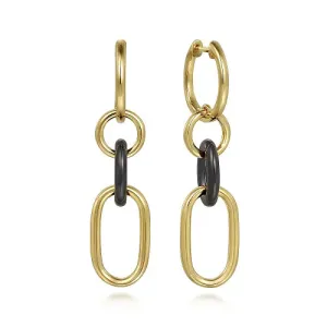 Gold Hollow Tube and Black Oval Ceramic Link Huggie Drop Earrings