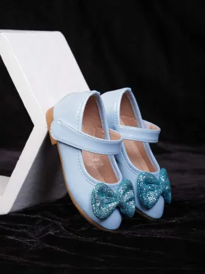 Light Blue Matte Ballerinas with Attached Glitter Bow for Girls