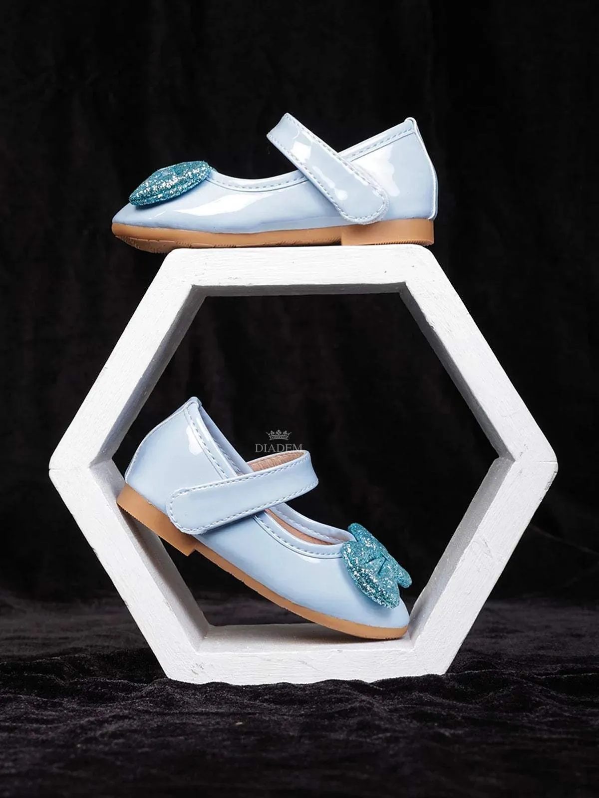 Light Blue Matte Ballerinas with Attached Glitter Bow for Girls