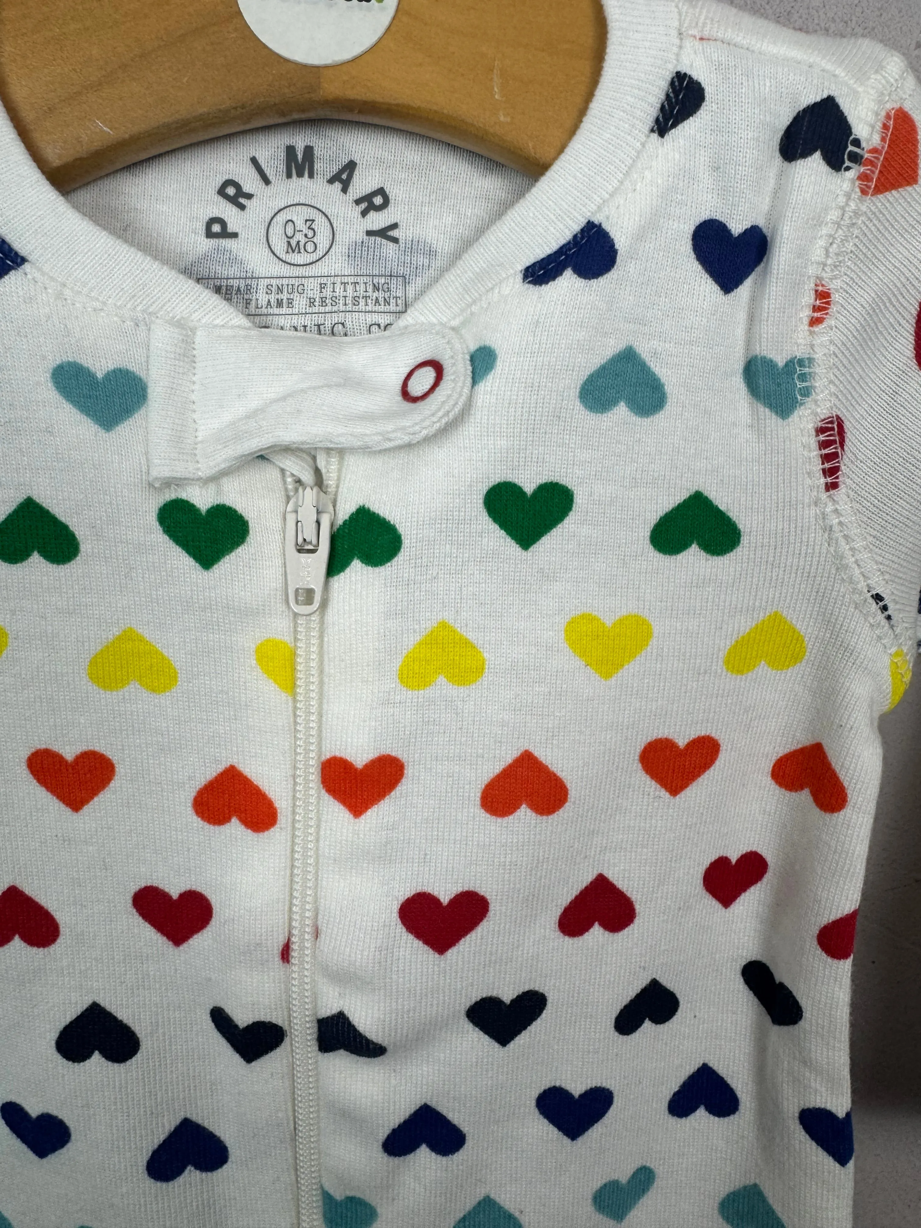 Primary Organic Sleepsuit - Multi Hearts White (New) ages newborn to 18-24m