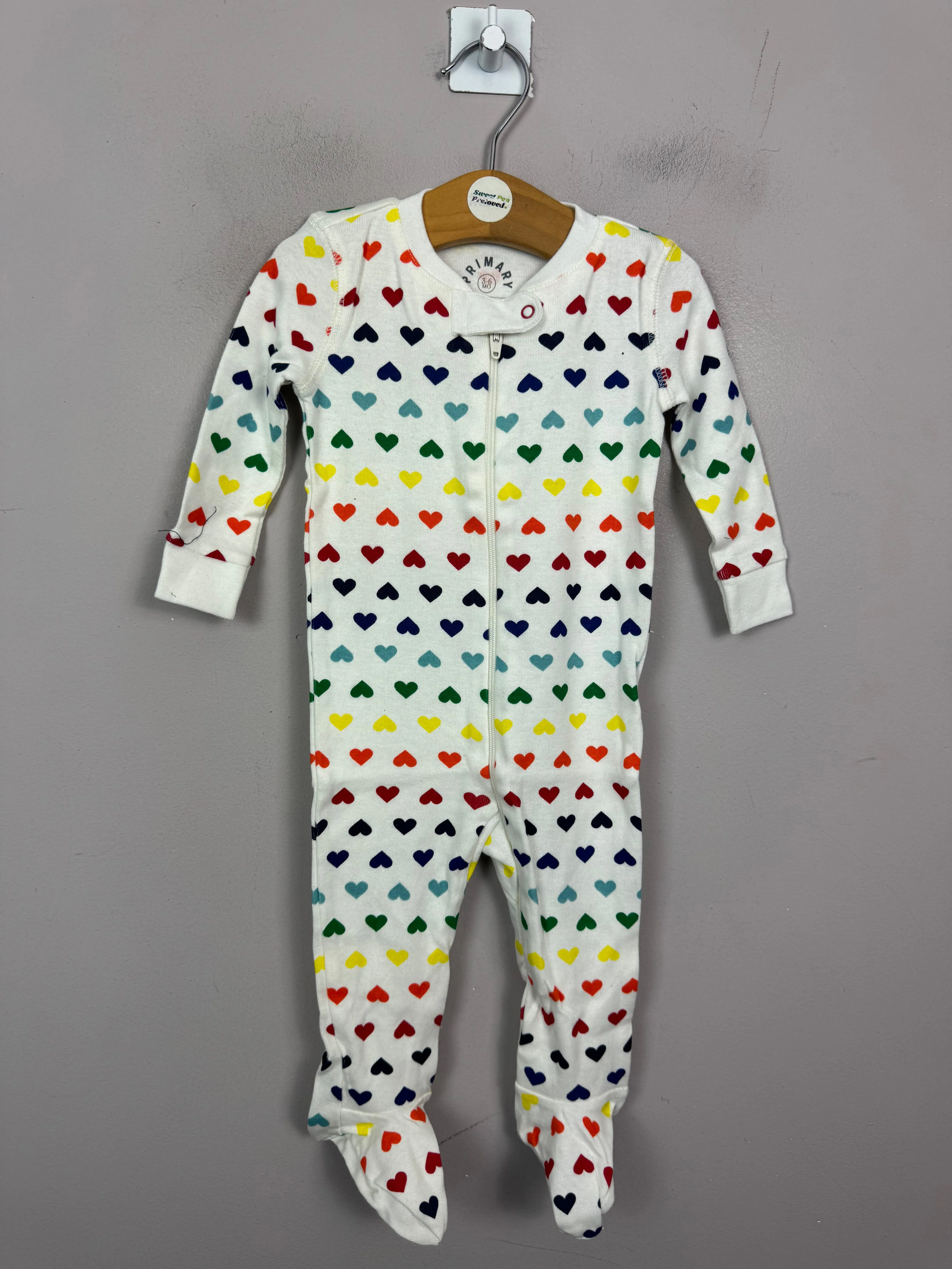 Primary Organic Sleepsuit - Multi Hearts White (New) ages newborn to 18-24m
