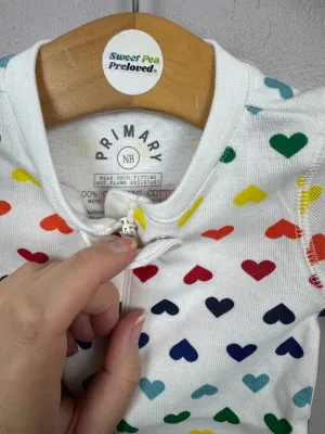 Primary Organic Sleepsuit - Multi Hearts White (New) ages newborn to 18-24m