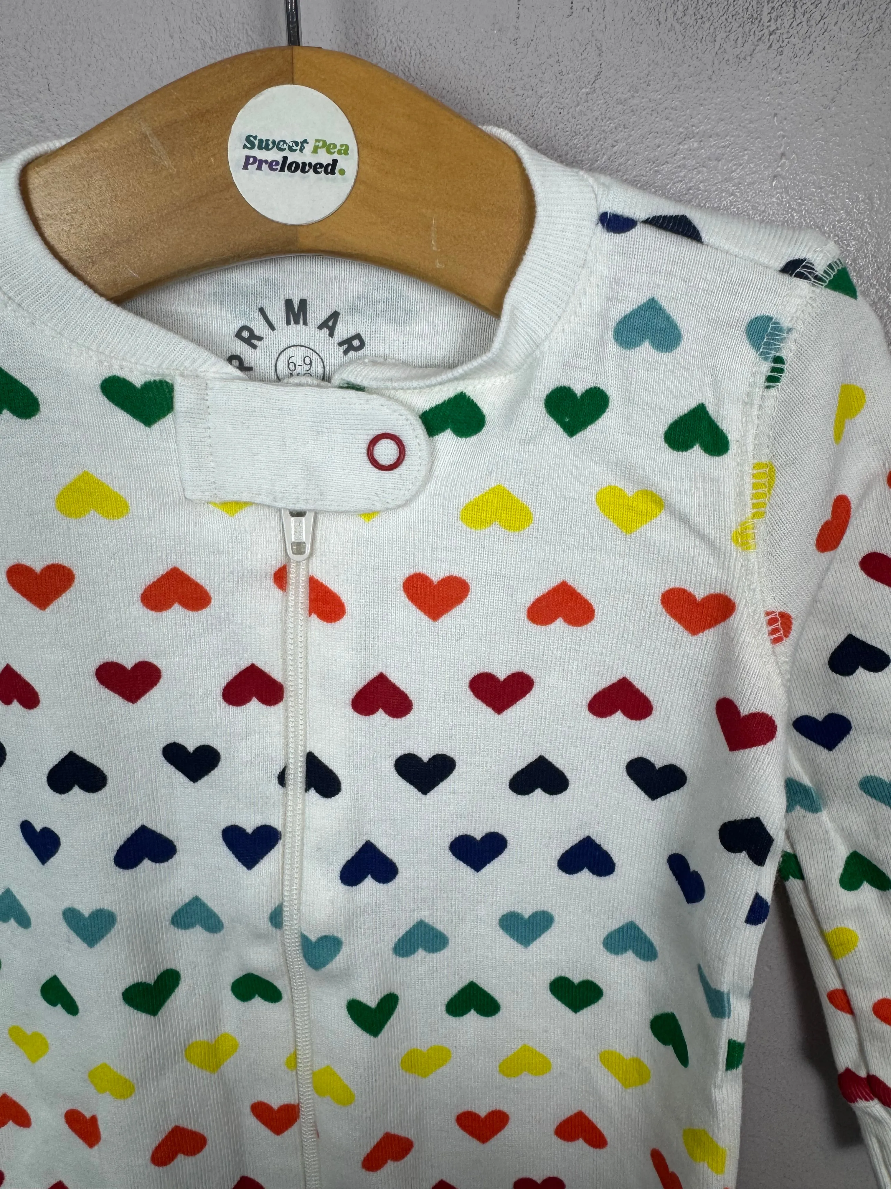 Primary Organic Sleepsuit - Multi Hearts White (New) ages newborn to 18-24m