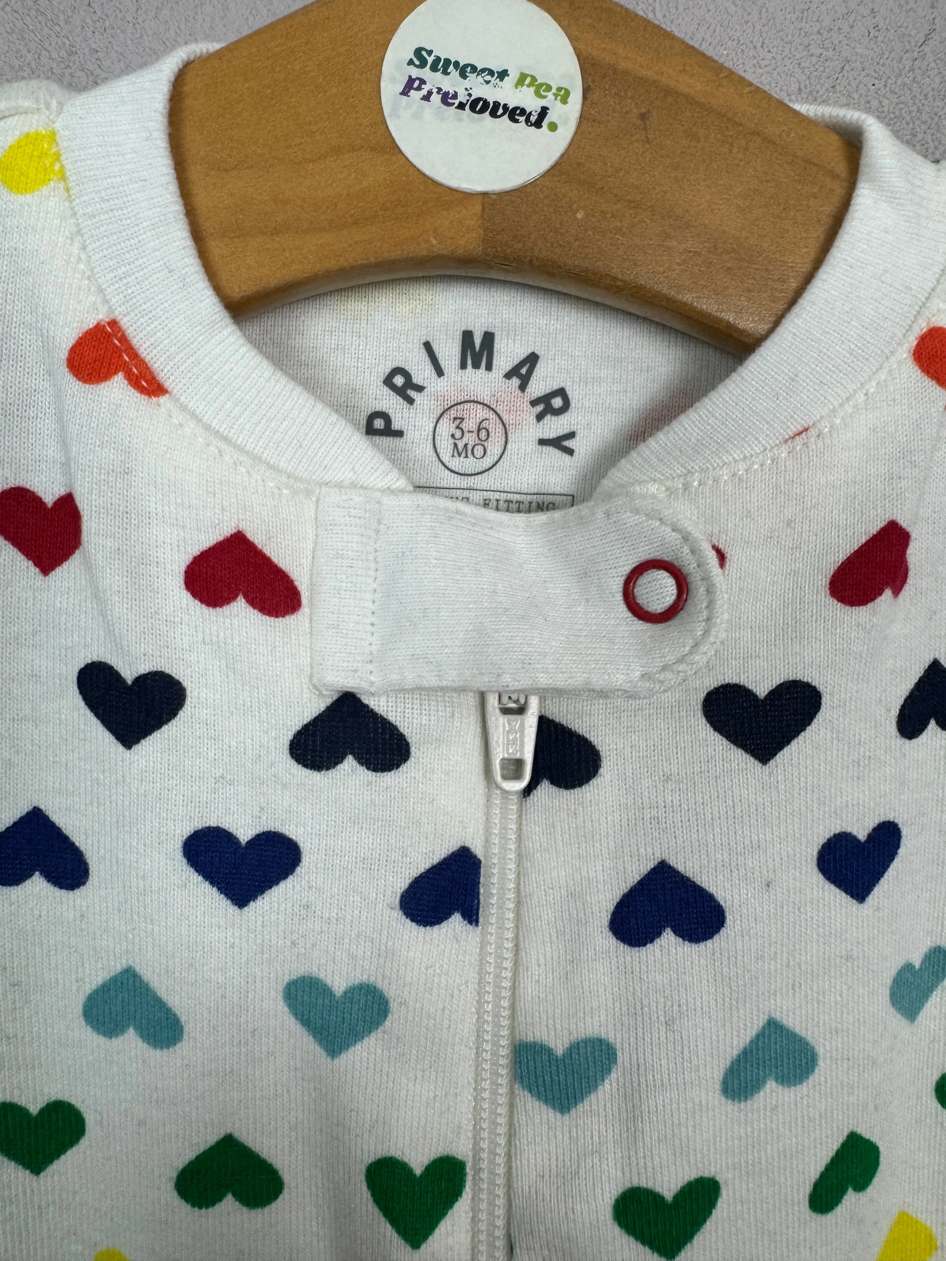 Primary Organic Sleepsuit - Multi Hearts White (New) ages newborn to 18-24m