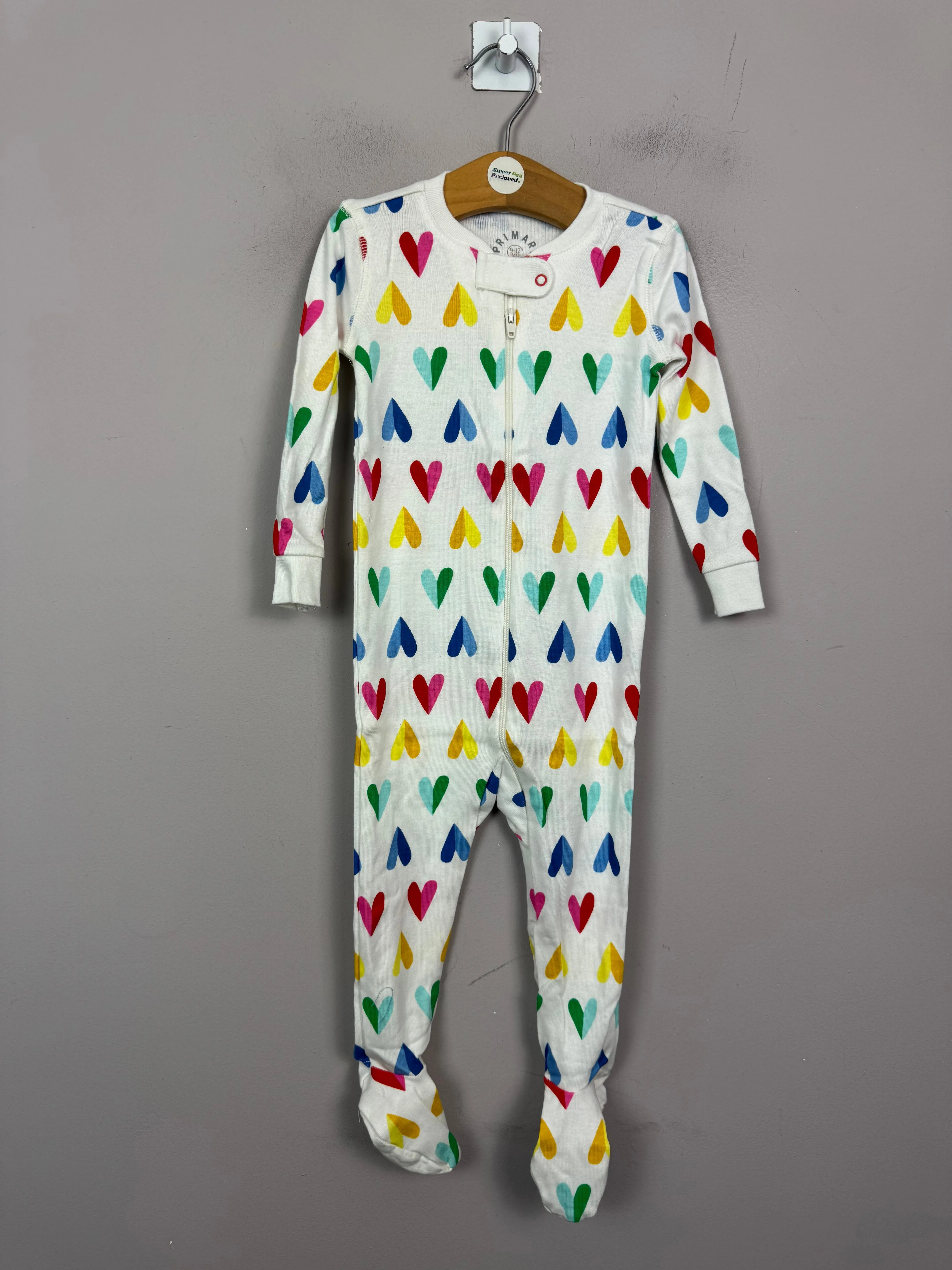 Primary Organic Sleepsuit - White Split Hearts (New) 3-6m, 6-9m