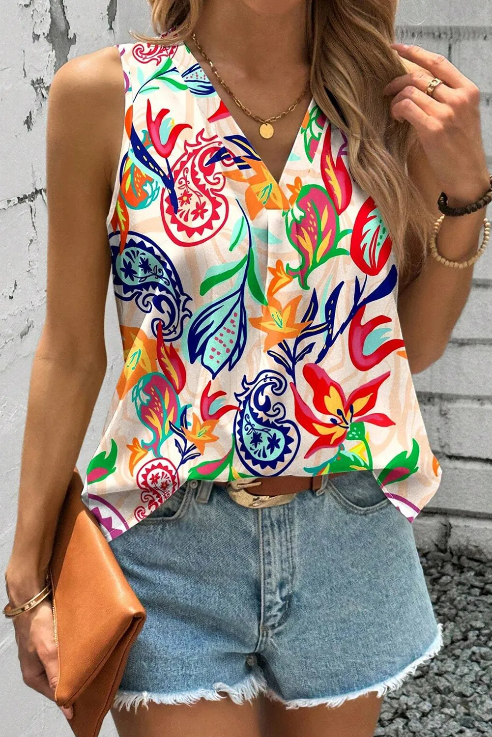 Red Holiday Paisley Print V Neck Casual Tank Top