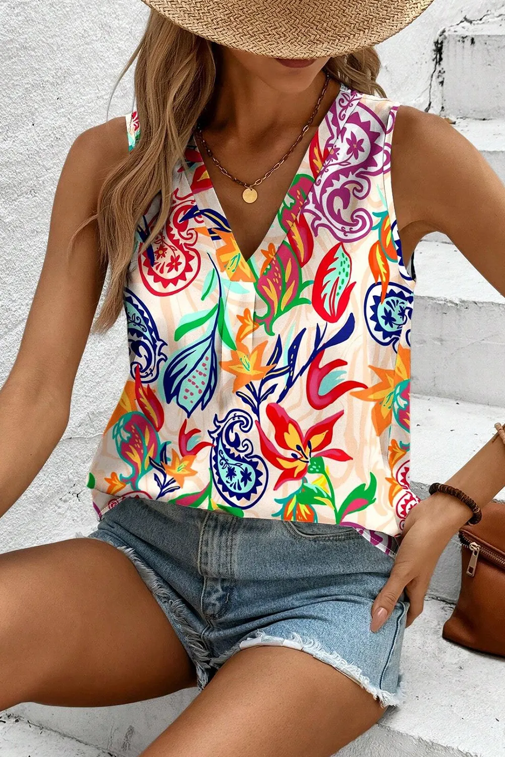 Red Holiday Paisley Print V Neck Casual Tank Top