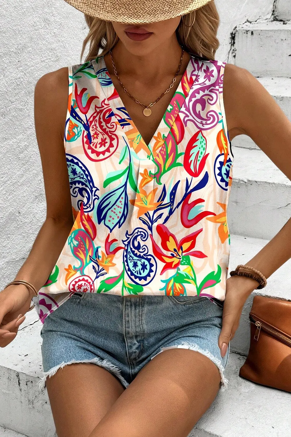 Red Holiday Paisley Print V Neck Casual Tank Top