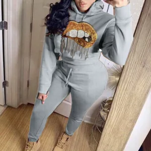 Sequins Mouth Print Long Sleeve Hoodie Coat & Pants Set
