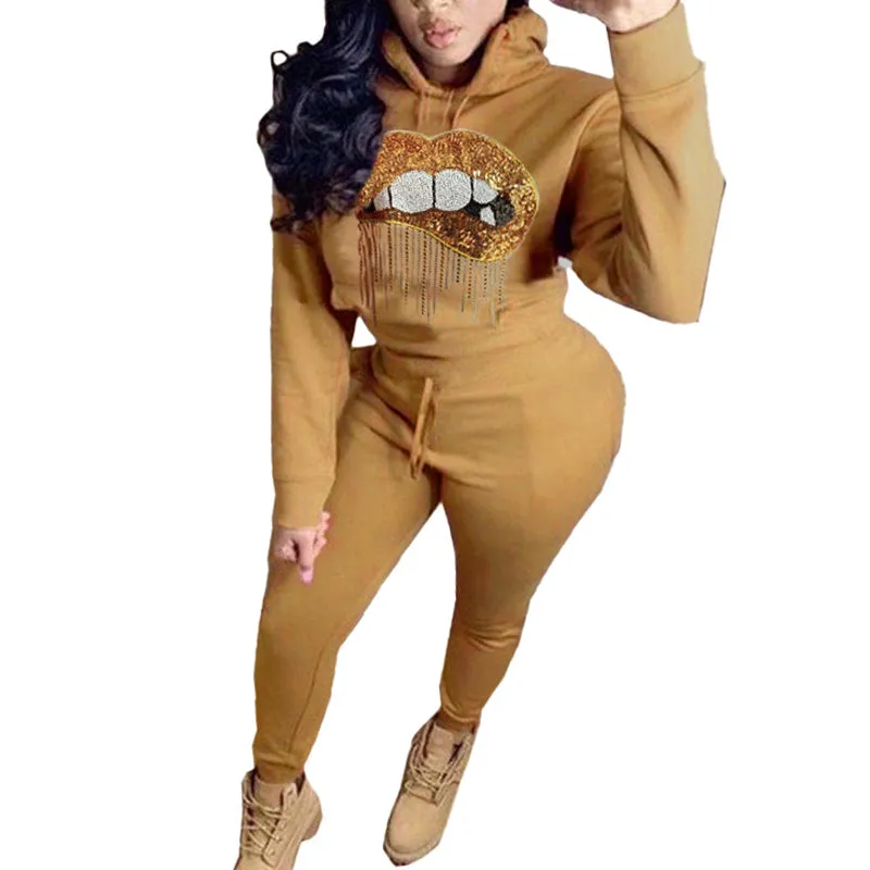 Sequins Mouth Print Long Sleeve Hoodie Coat & Pants Set