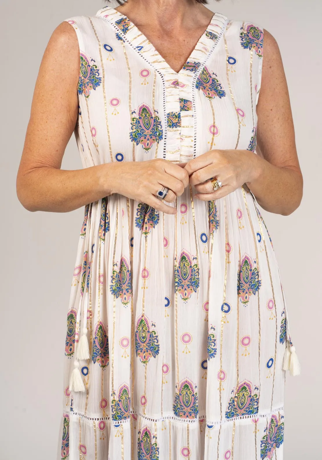 Sleeveless Dress With Drawstring Waist - Ivory