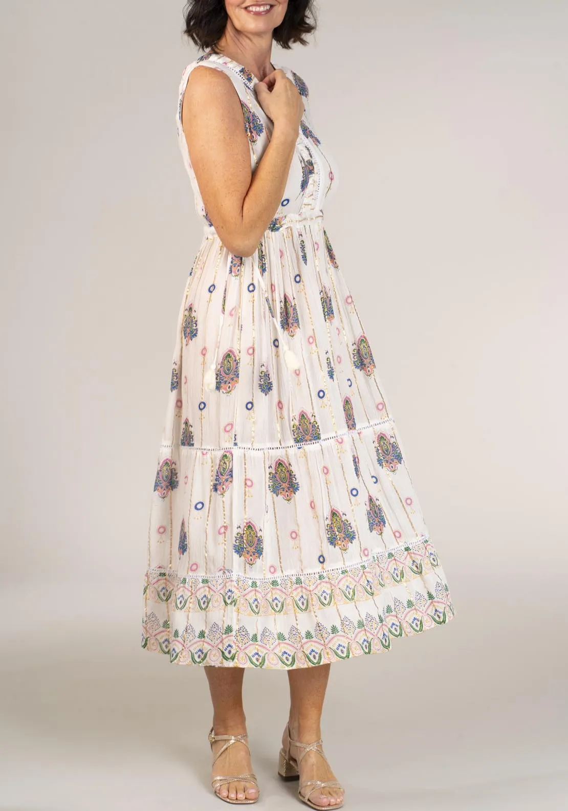 Sleeveless Dress With Drawstring Waist - Ivory