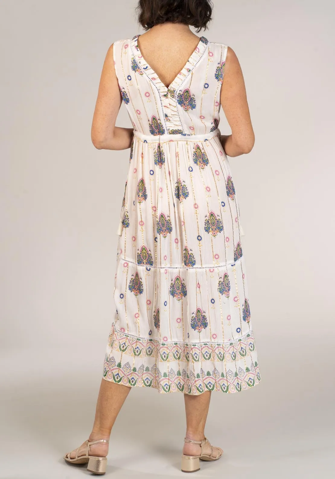 Sleeveless Dress With Drawstring Waist - Ivory