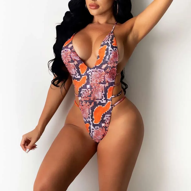 Snakeskin Pattern Sleeveless Bandage One Piece Swimsuit