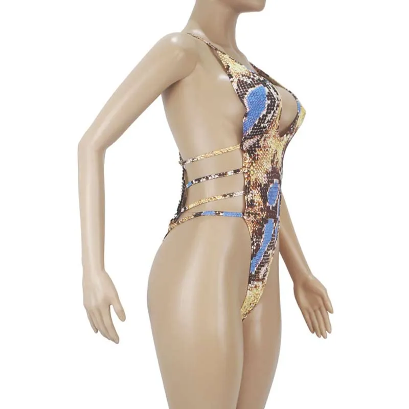 Snakeskin Pattern Sleeveless Bandage One Piece Swimsuit