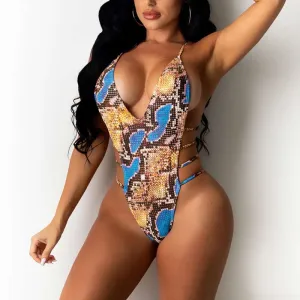 Snakeskin Pattern Sleeveless Bandage One Piece Swimsuit