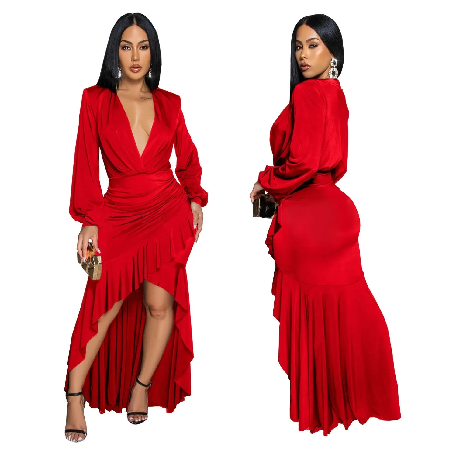 Sophisticated V-Neck Slit Long Sleeve Dress for Timeless Elegance