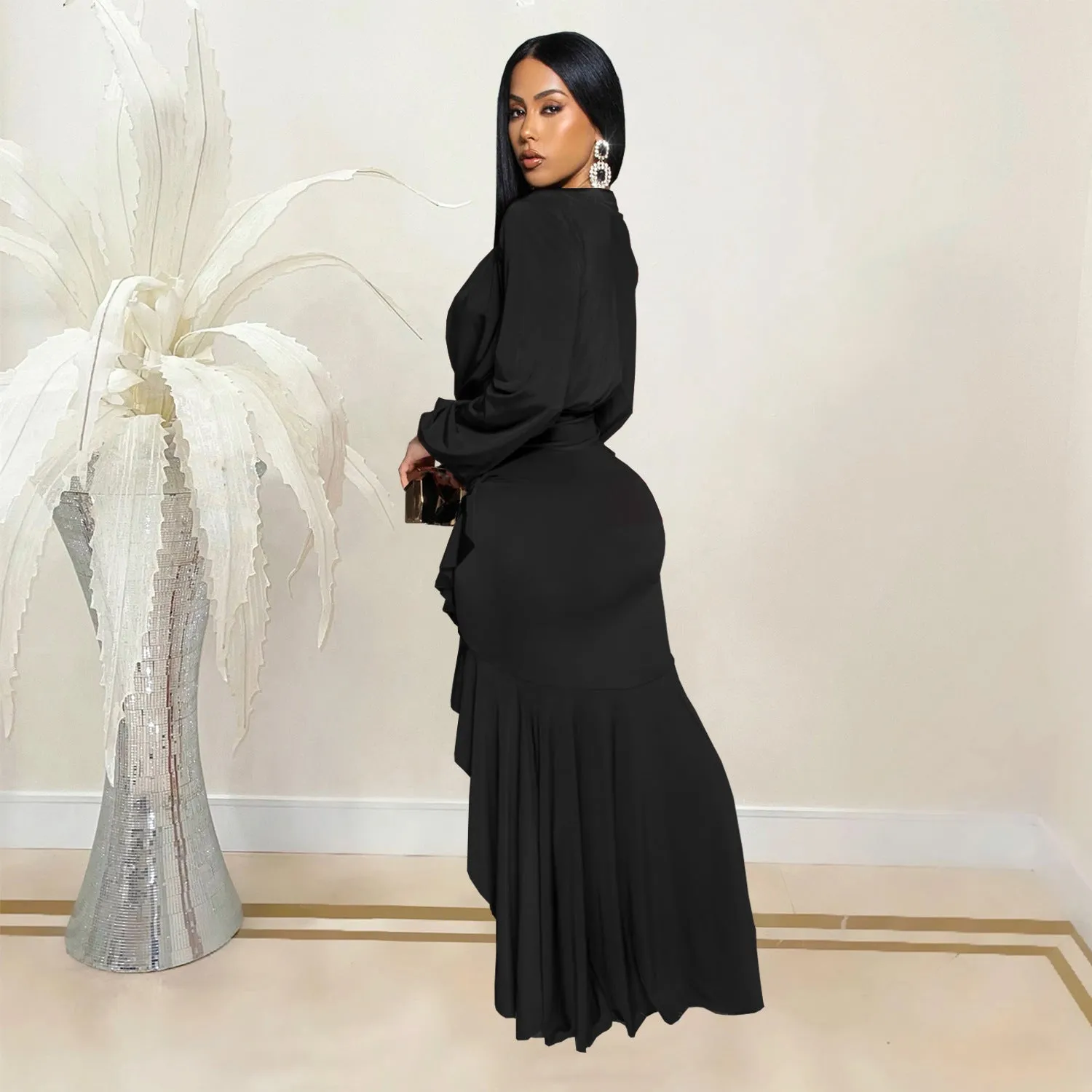 Sophisticated V-Neck Slit Long Sleeve Dress for Timeless Elegance