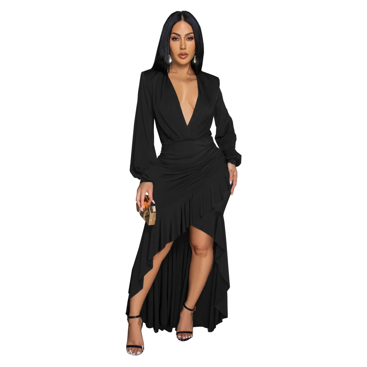Sophisticated V-Neck Slit Long Sleeve Dress for Timeless Elegance