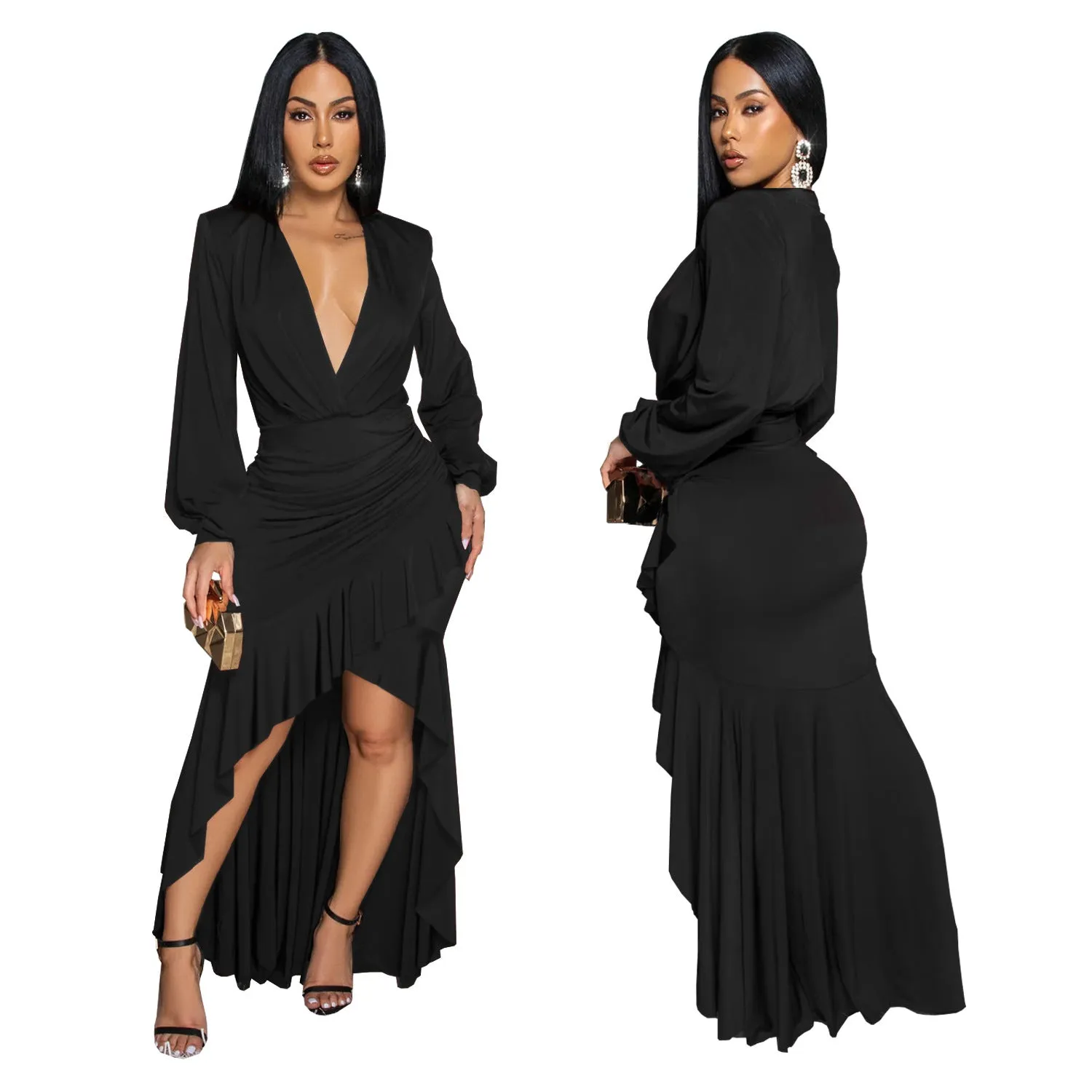 Sophisticated V-Neck Slit Long Sleeve Dress for Timeless Elegance