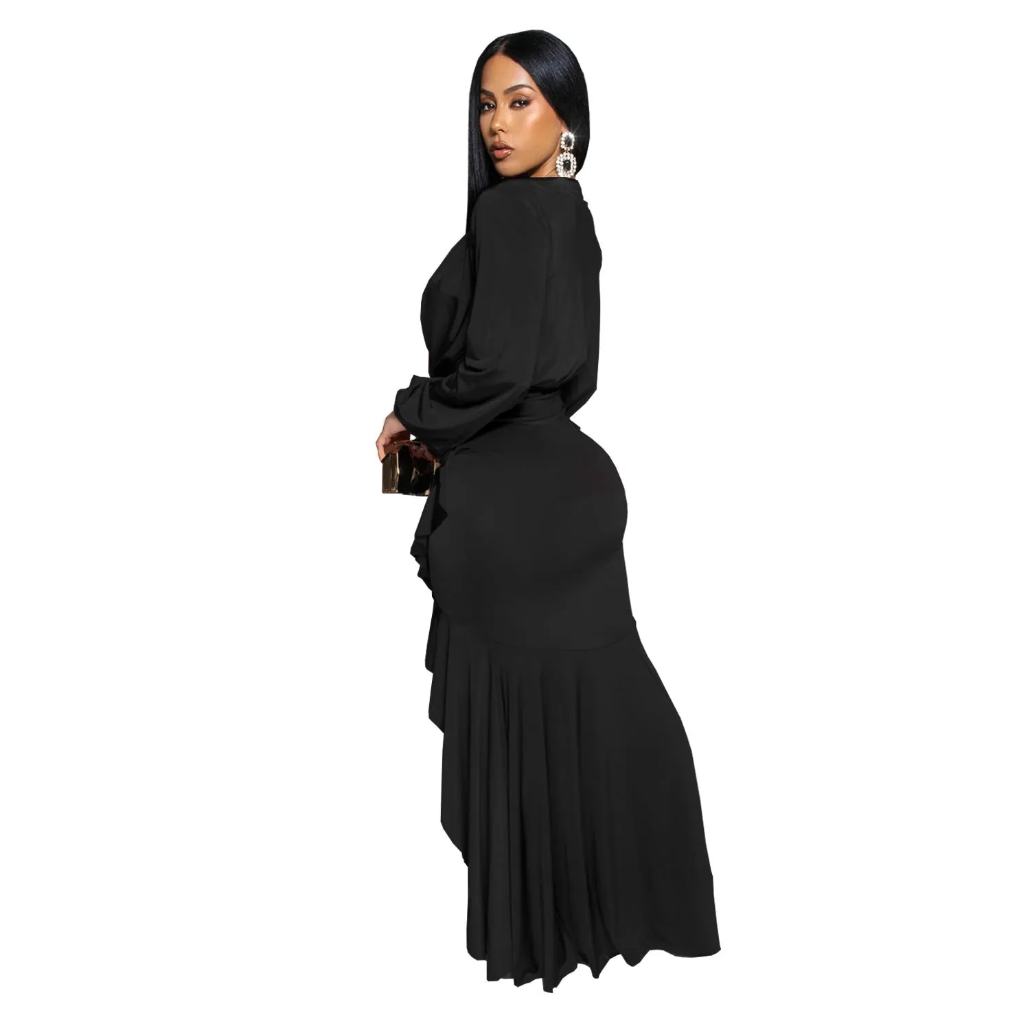 Sophisticated V-Neck Slit Long Sleeve Dress for Timeless Elegance